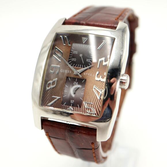 Guess Mens 37mm Brown Barrel Dial Watch 24 Hour Date Leather Strap w New Battery - Picture 1 of 14